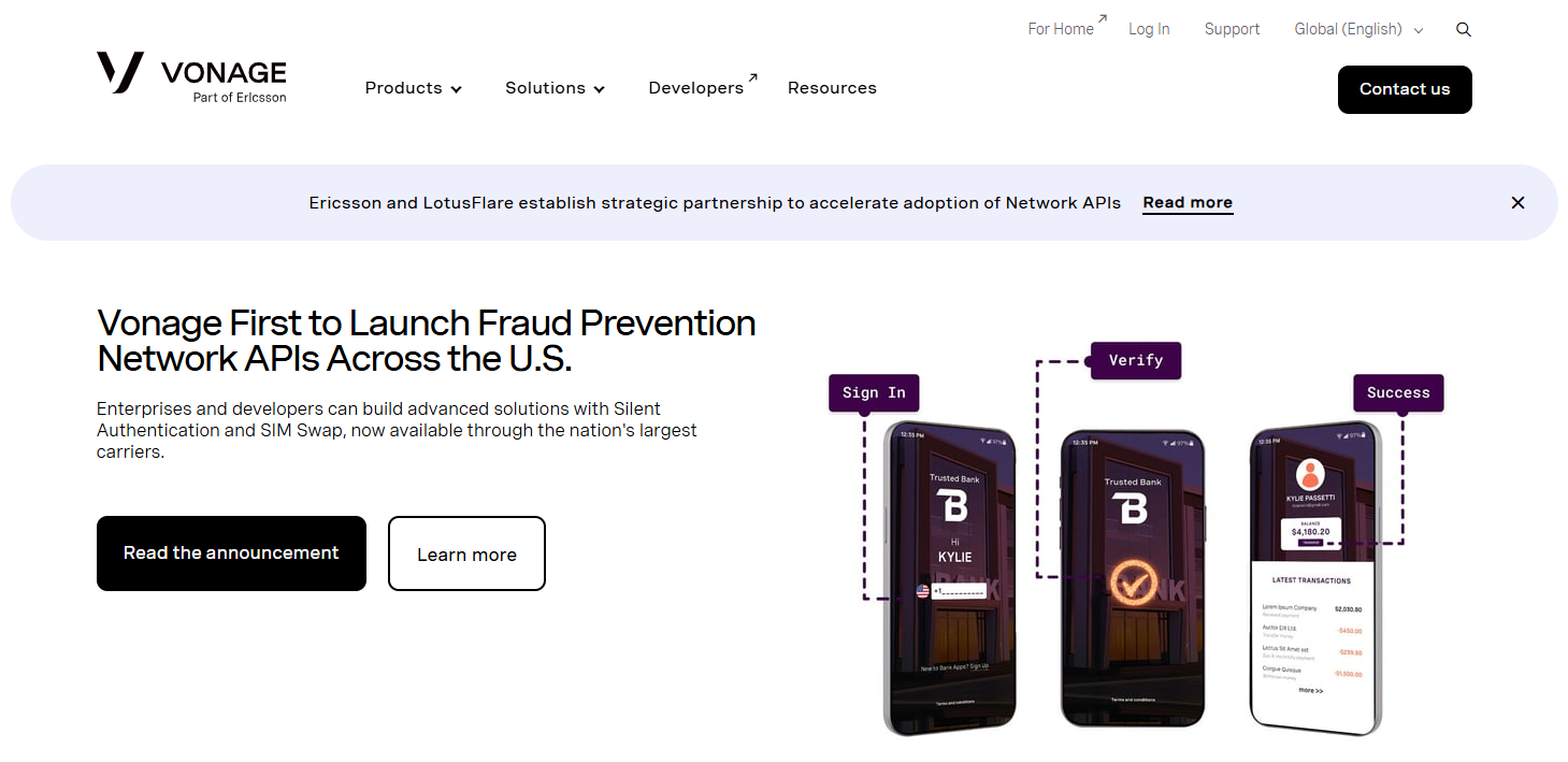 Vonage homepage, a customer communications platform with call tracking