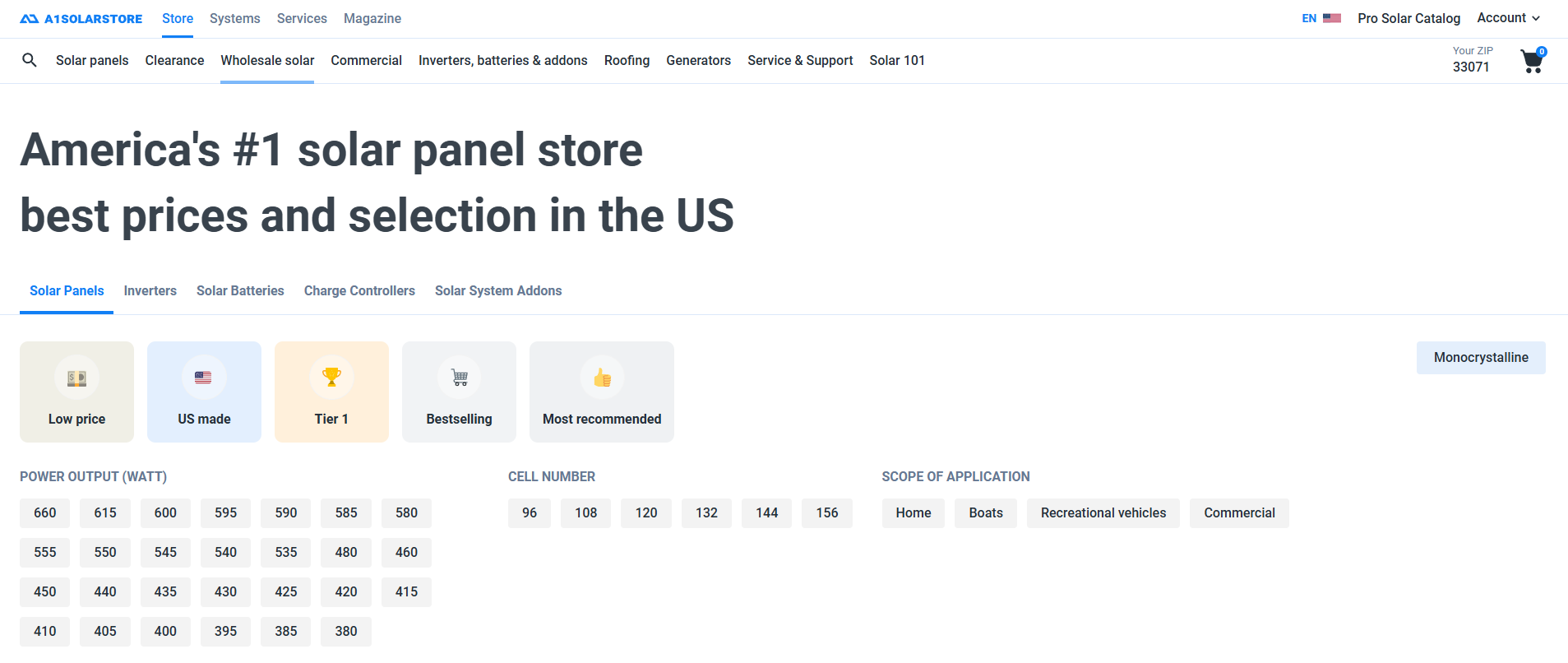 A1 SolarStore landing page that offers users to filter solar installations by power output, cell counts, and applications