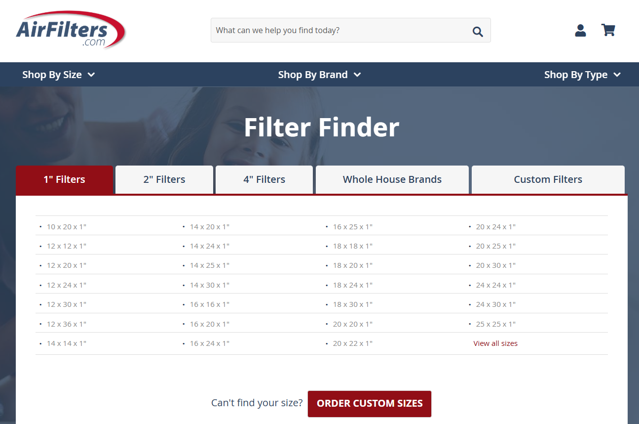 AIrFilters.com landing page that sorts air conditioner filters by size and offers you to order a custom size
