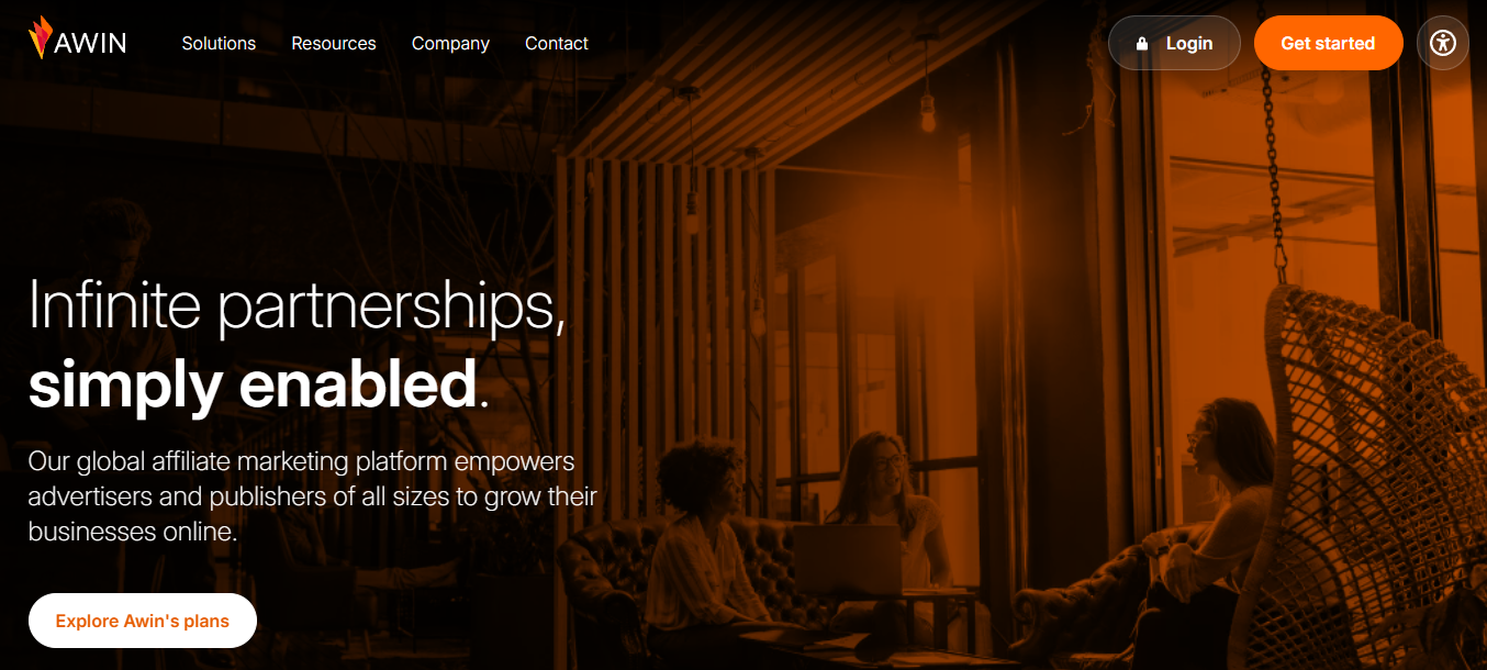 Awin landing page where you can explore its solutions, plans, or access your account