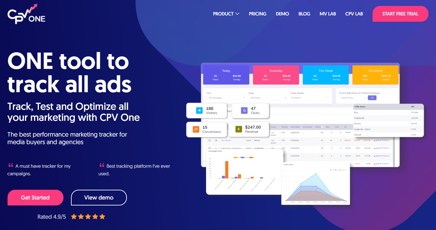 CPV One landing page that presents the platform's benefits and offers users to get started or view a demo