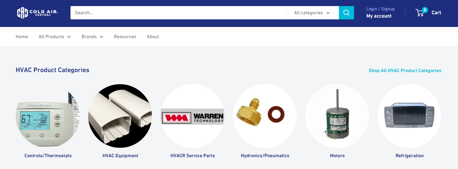 Cold Air Central landing page that routes you through the website based on the chosen HVAC product category