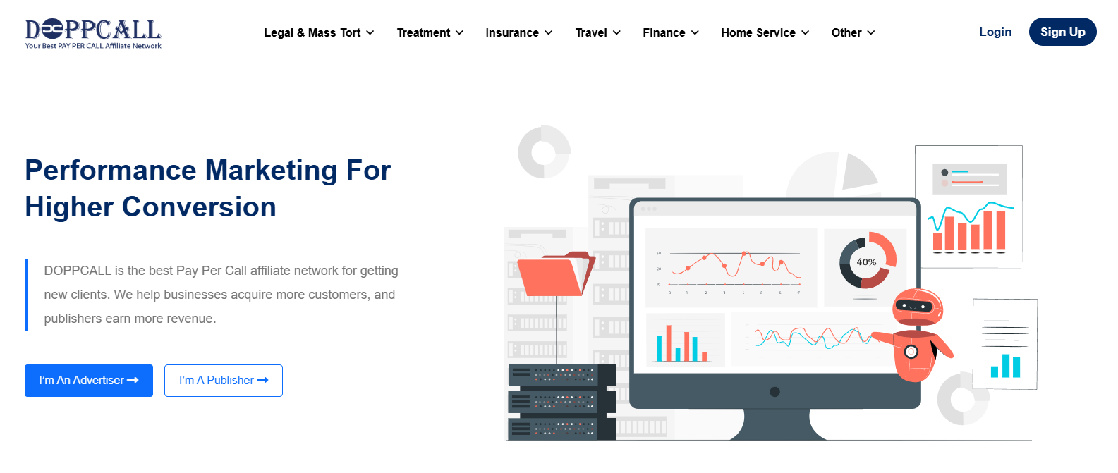 DOPPCALL landing page with graphical representation of affiliate marketing and CTA buttons for advertisers and publishers