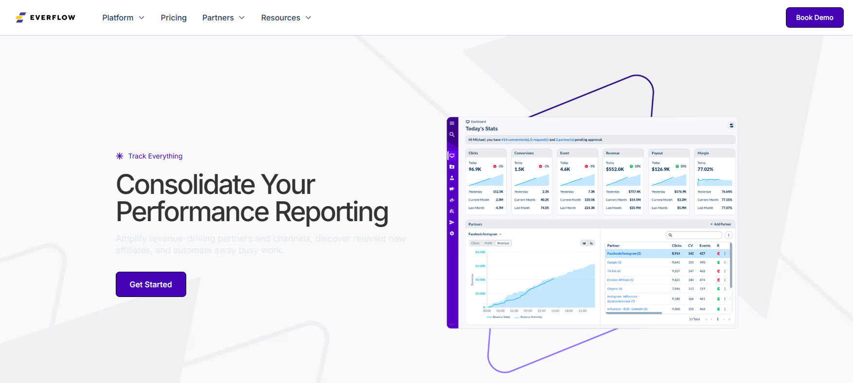 Everflow landing page that offers affiliates to get started and consolidate their performance reporting