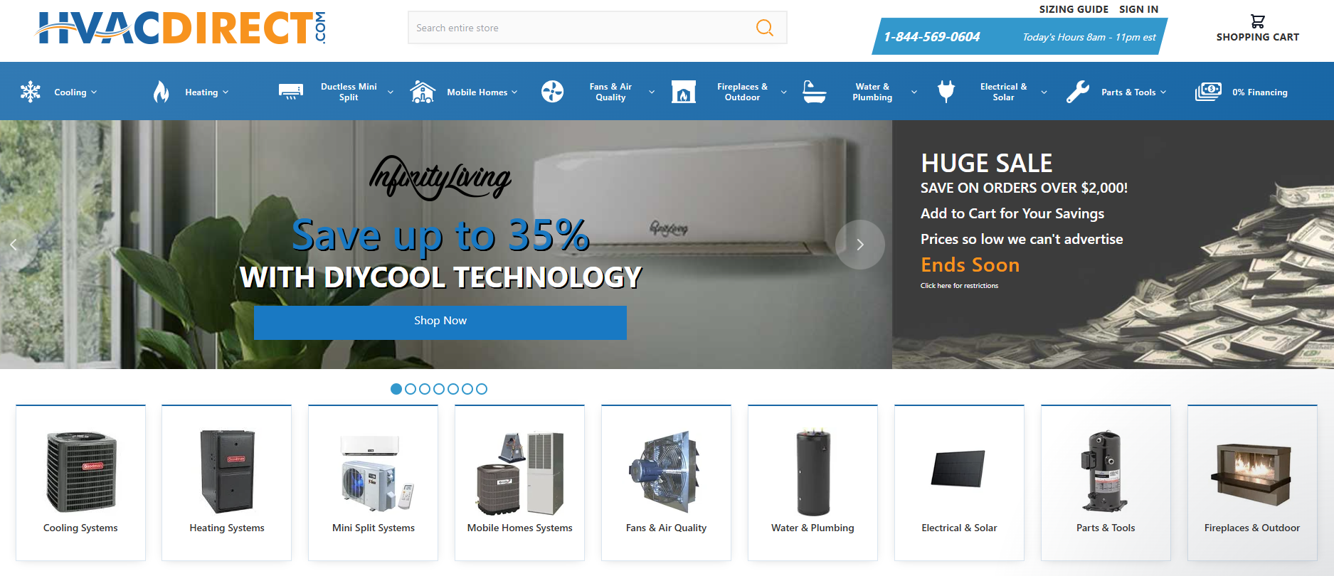 HVACDirect landing page that presents the most popular products on the site, offering users to shop now and save up to 35% with DIYCool technology