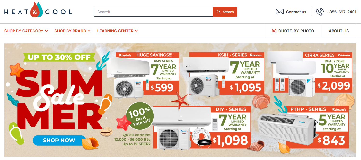 Heat & Cool landing page that presents value propositions and offers to shop now with up to 30% off
