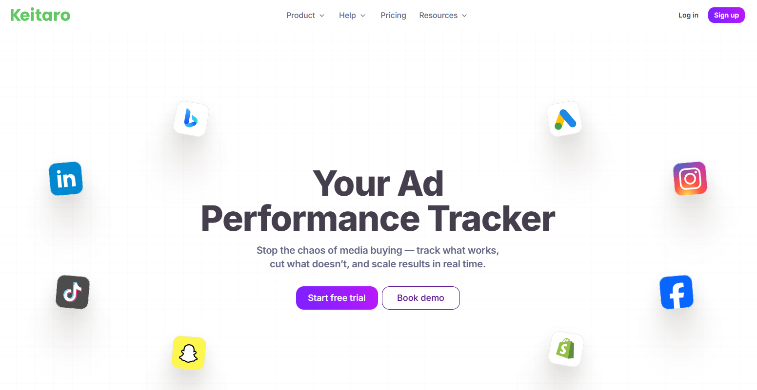 Keitaro landing page that presents the site's ad tracker and offers to start a free trial or book a demo
