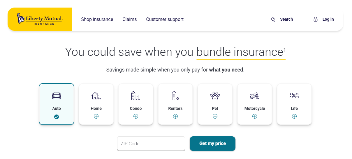  Liberty Mutual landing page where users can explore prices for different types of insurance
