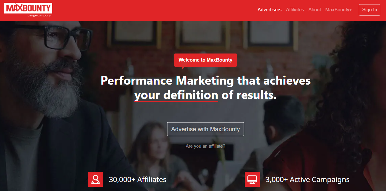 MaxBounty landing page for advertisers that reveals a number of affiliates and active campaigns within the network