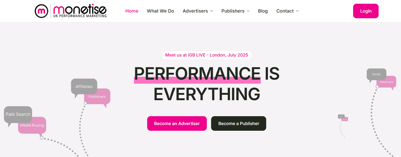 Monetise landing page with website navigation controls and CTA buttons for advertisers and publishers