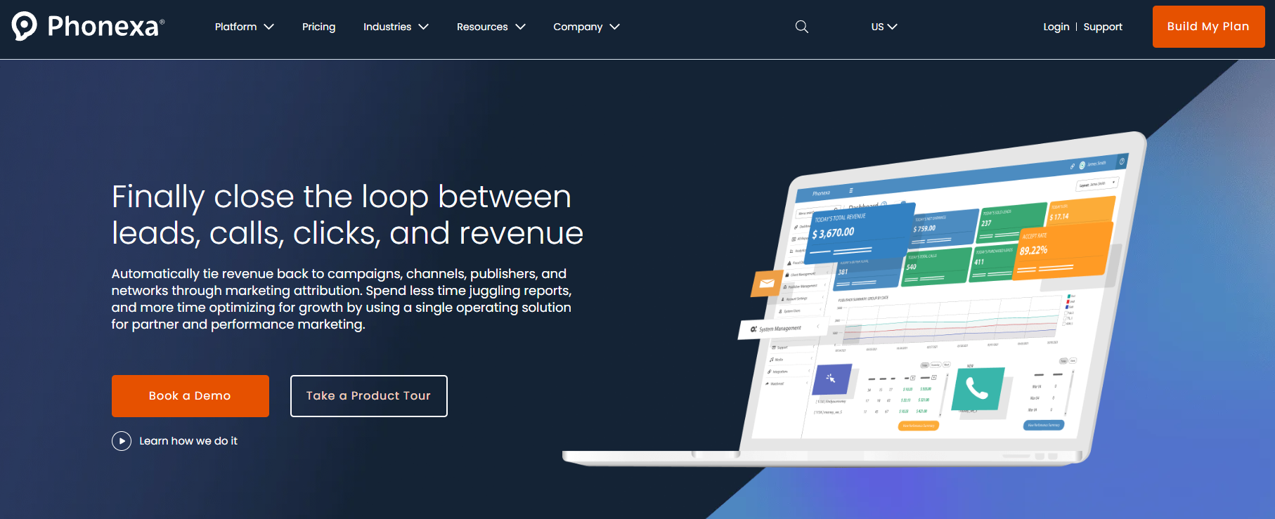 Phonexa's landing page where you can book a demo or take a product tour to explore the software