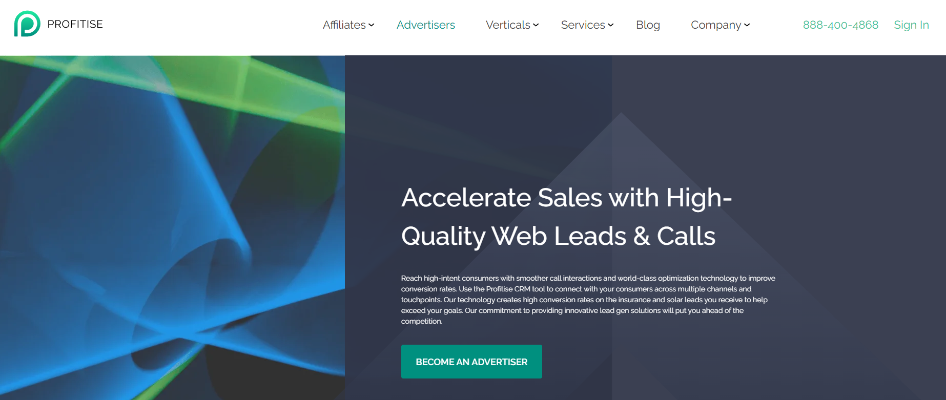 Profitise landing page with interface buttons, platform features, and a button to join as an advertiser
