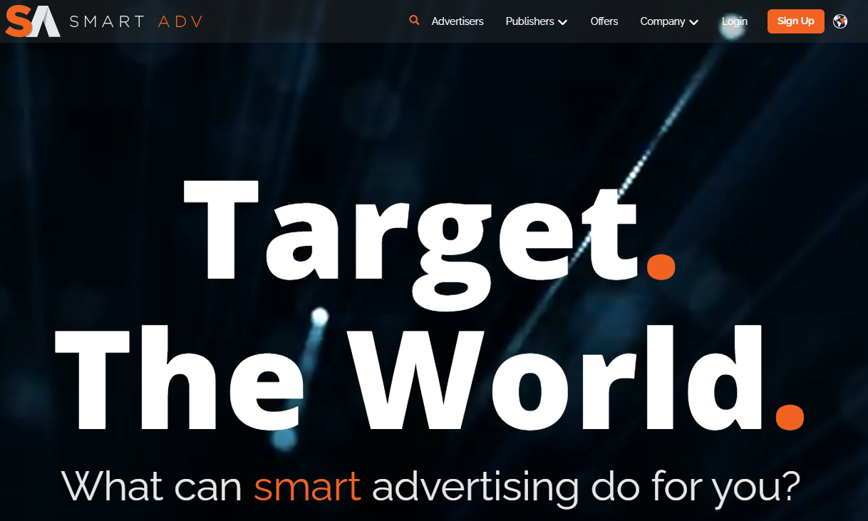 SmartAdv homepage that allows advertisers and publishers to learn its offers