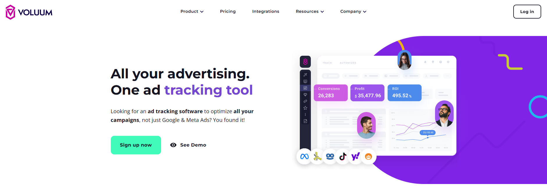 Voluum landing page where you can sign up for a tracking software or book a demo to explore how it works