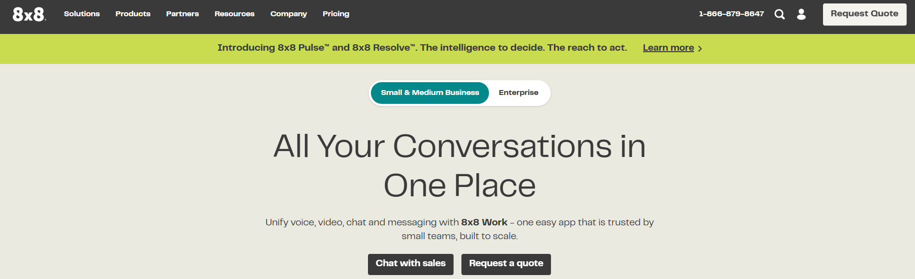 8x8 homepage, where users can explore the platform's main functionality, chat with sales, or request a quote.