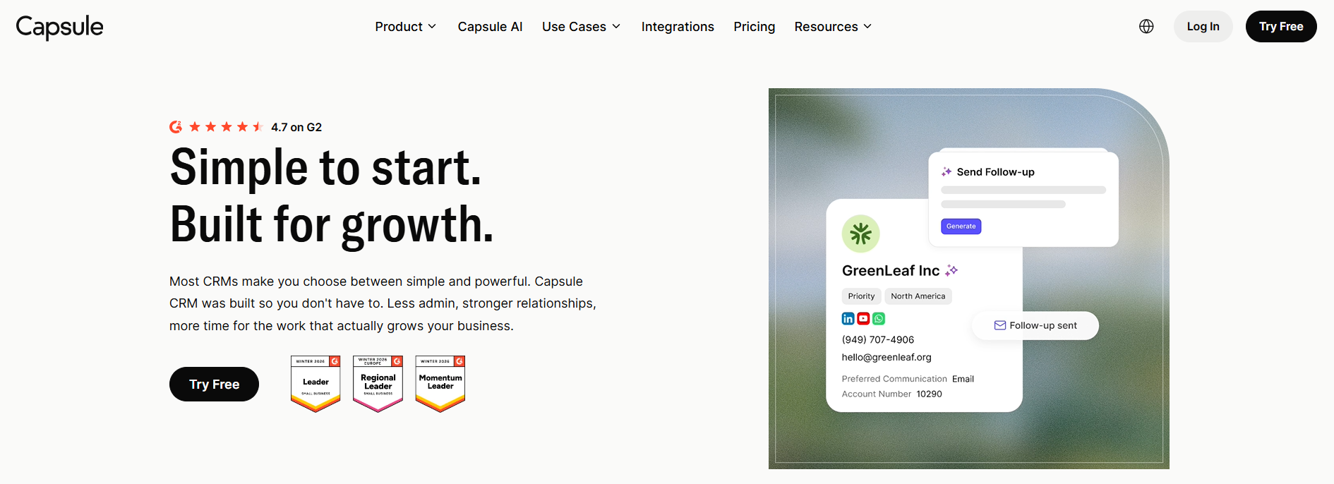 Capsule CRM homepage, where users can explore the platform's features, as well as awards.