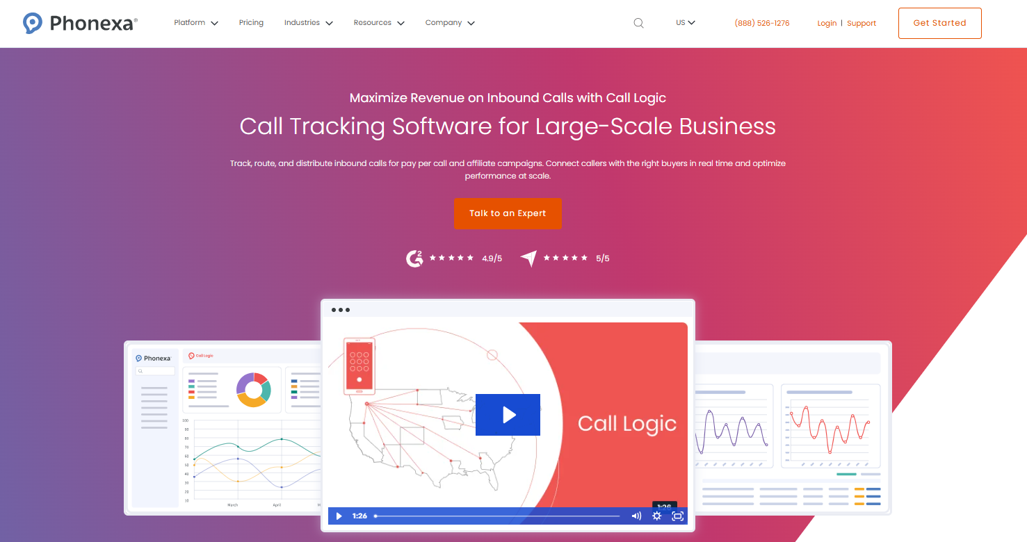 Phonexa call tracking software page, where users can explore the corresponding functionality through a video, copy, and illustrations.