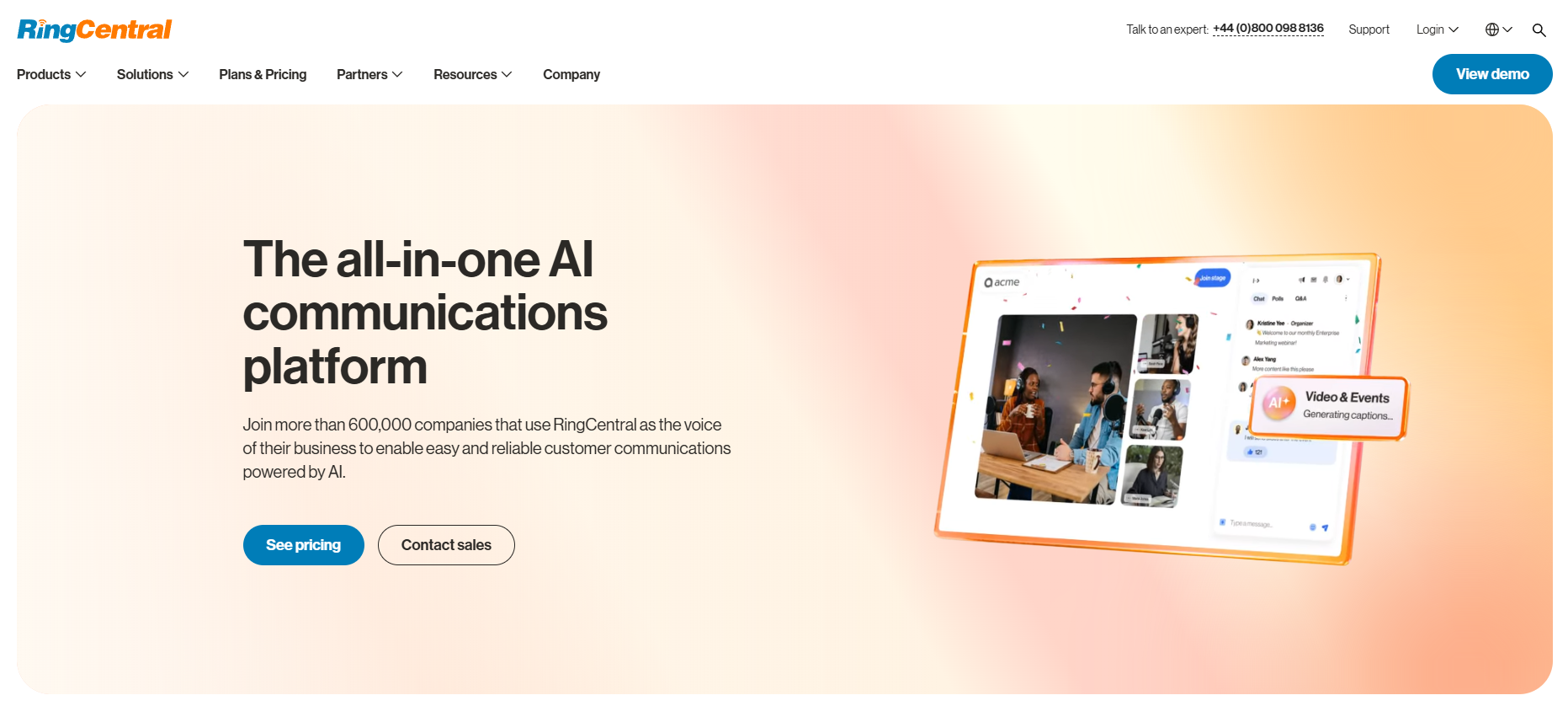 RingCentral homepage, where you can explore what the platform has to offer, see pricing, or contact sales.