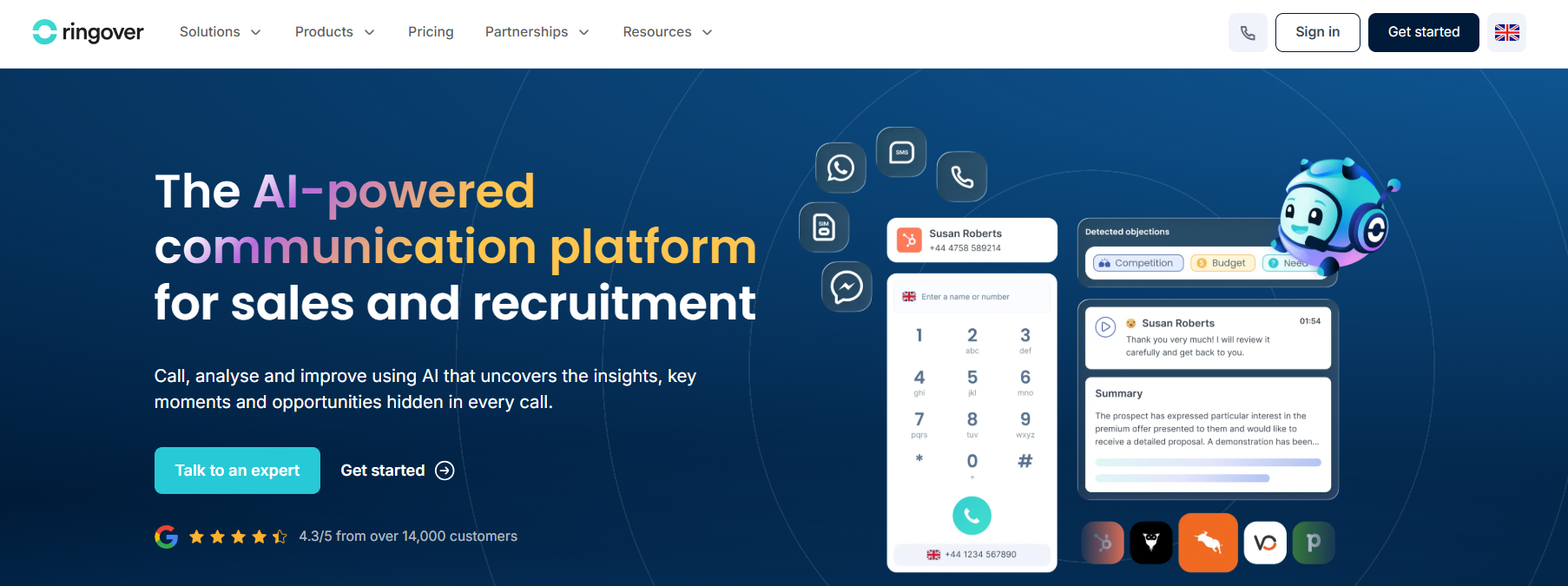 Ringover homepage, where users can see the benefits of the platform, talk to an expert, and get started.