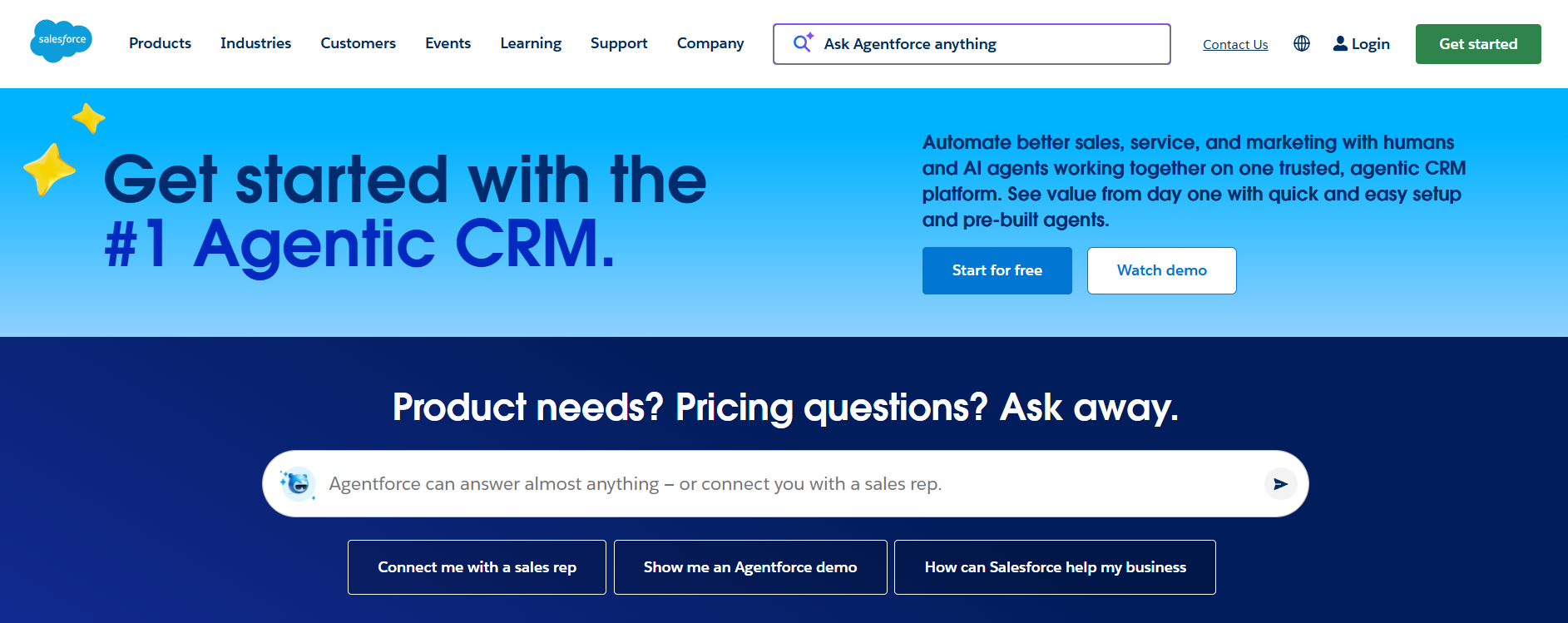 Salesforce homepage, where users can explore the platform by typing in their questions.