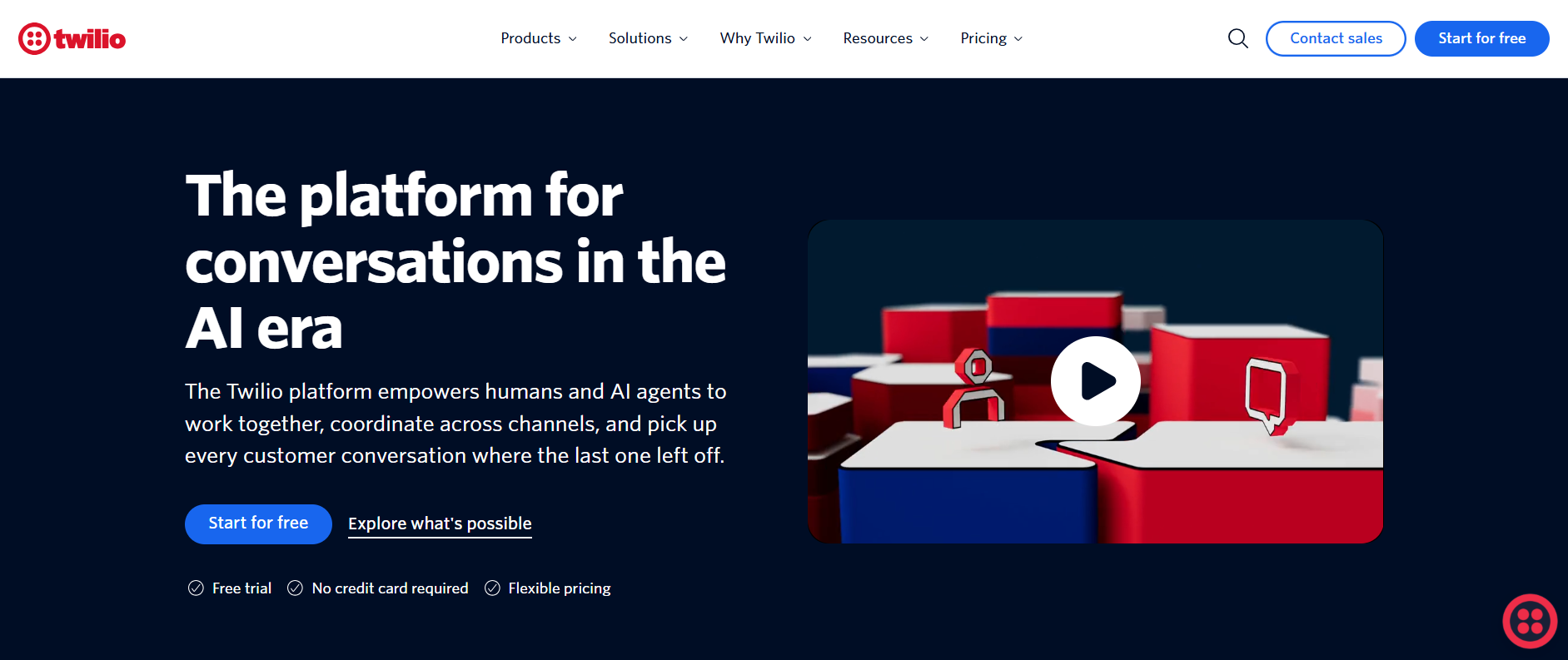  Twilio's homepage, where users can explore the platform's functionality and start their free trial.