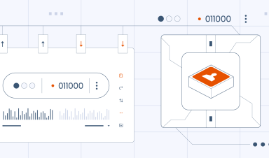 Affiliate marketing software illustration showing a tracking dashboard with traffic charts and up/down arrows, connected to a central orange hub.